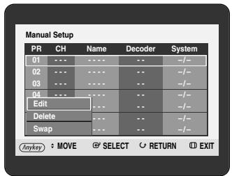 Manual Setup PR CH Name Decoder System 01 - - - - - - - - - /- 02 - - - - - - - - - /- 03 - - - - - - - - - /- 04 - - - - - - - - - /- Edit - - - - - - /- Delete - - - - - - /- Swap - - - - - - /- Anyay: MOVE SELECT RETURN EXIT
