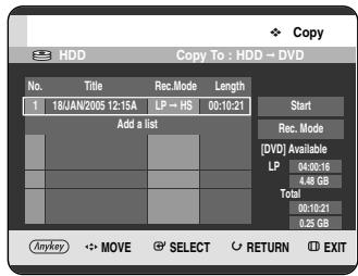 Copy HDD Copy To : HDD → DVD No. Title Rec. Mode Length 1 18/JAN/2005 12:15A LP→HS 00:10:21 Add a list Start Rec. Mode [DVD] Available LP 04:00:16 4.48 GB Total 00:10:21 0.25 GB Anykey ←→ MOVE ⚪ SELECT RETURN ⏻ EXIT