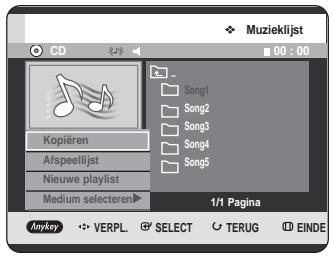 Muzieklijst CD 00 : 00 Kopitren Afspeellijst Nieuwe playlist Medium selecteren Song1 Song2 Song3 Song4 Song5 1/1 Pagina Anykey VERPL SELECT TERUG EINDE