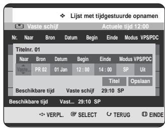 Lijst met tijdgestuurde opnamen Vaste schijf Actuele tijd 12:00 Nr. Naar Bron Datum Begin Ende Modus VPS/PDC Titelnr. 01 Naar Bron Datum Begin Ende Modus VPS/PDC Vaste PR 02 01 Jan 12:00 14:00 SP Uit Titel Opslaan Beschikbare tijd Vaste schijf 29:10 SP Beschikbare tijd Vast... 29:10 SP VERPL. SELECT TERUG EINDE