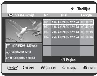 Titellijst Vaste schijf Nr. Titel Lengte 001 18/JAN/2005 12:15A 00:10:21 002 19/JAN/2005 12:15A 00:40:03 003 20/JAN/2005 12:15A 00:20:15 004 25/JAN/2005 12:15A 00:50:16 18/JAN/2005 12:15 AV3 18/Jan/2005 12:15 SP Compatib. V-modus 1/1 Pagina Anykey VERPL SELECT TERUG EINDE
