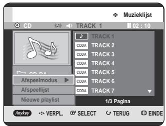 Muzieklijst CD TRACK 1 02 : 10 Track 1 C00A TRACK 2 C00A TRACK 3 C00A TRACK 4 C00A TRACK 5 C00A TRACK 6 C00A TRACK 7 Nieuwe playlist 1/3 Pagina Anykey VERPL SELECT TERUG EINDE