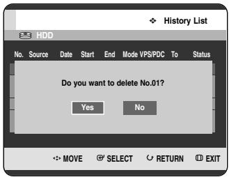 History List HDD No. Source Date Start End Mode VPS/PDC To Status Do you want to delete No.01? Yes No MOVE SELECT RETURN EXIT
