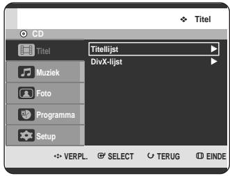 CD Titel Muziek Foto Programma Setup Titelijst DivX-lijst VERPL. SELECT TERUG EINDE