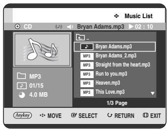 Music List CD Bryan Adams.mp3 02 : 10 MP3 01/15 4.0 MB Bryan Adams.mp3 MP3 Bryan Adams_2.mp3 MP3 Straight from the heart.mp3 MP3 Run to you.mp3 MP3 Heaven.mp3 MP3 This Love.mp3 1/3 Page Anykey MOVE SELECT RETURN EXIT