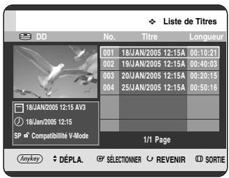 SAMSUNG DVD-HR720P - Appuyez sur le bouton TITLE LIST, appareil en mode Stop ou Lecture. L'écran Liste de Titres s'affiche. - 1