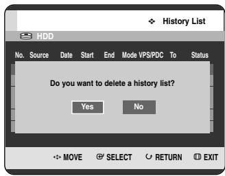History List HDD No. Source Date Start End Mode VPS/PDC To Status Do you want to delete a history list? Yes No MOVE SELECT RETURN EXIT