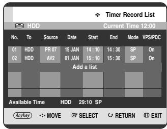 Timer Record List HDD Current Time 12:00 No. To Source Date Start End Mode VPS/PDC 01 HDD PR 07 15 JAN 14:10 14:30 SP On 02 HDD AV2 01 JAN 15:10 15:30 SP On Add a list Available Time HDD 29:10 SP Anykey MOVE SELECT RETURN EXIT