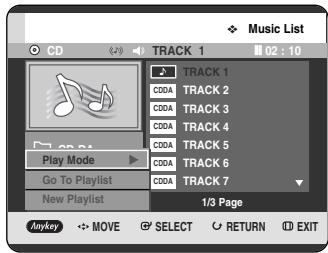 Music List CD 20 TRACK 1 02 : 10 TRACK 1 C0DA TRACK 2 C0DA TRACK 3 C0DA TRACK 4 C0DA TRACK 5 C0DA TRACK 6 C0DA TRACK 7 Play Mode Go To Playlist New Playlist 1/3 Page Anykey MOVE SELECT RETURN EXIT