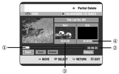 Partial Delete HDD 18/JAN/2005 12:15AV3 Title List No. 001 Start End 00:01:00 00:00:00 00:06:35 Start End Delete Return MOVE SELECT RETURN EXIT