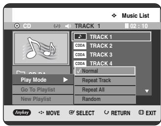Music List CD TRACK 1 02 : 10 TRACK 1 C00A TRACK 2 C00A TRACK 3 C00A TRACK 4 Normal Play Mode Go To Playlist New Playlist Repeat Track Repeat All Random Anykey MOVE SELECT RETURN EXIT