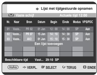 Lijst met tijdgestuurde opnamen Vaste schijf Actuele tijd 12:00 Nr. Naar Bron Datum Begin Einde Modus VPS/PDC 01 Vaste... PR 02 01 Jan 12:00 14:00 SP Aan 02 Vaste... PR 07 15 Jan 14:10 14:30 SP Aan 03 Vaste... AV2 01 Jan 15:10 15:30 SP Aan Een lijst toeogen Beschikbare tijd Vast... 29:10 SP Anykey VERPL SELECT TERUG EINDE