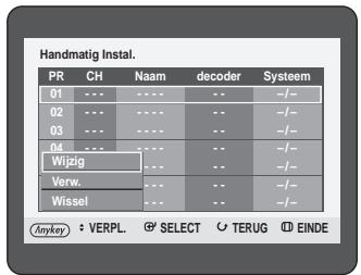Handmatig Instal. PR CH Naam decoder Systeem 01 --- --- --- -- -/- 02 --- --- --- --- --/- 03 --- --- --- --- --/- 04 --- --- --- --- --/- Wijzig Verw. Wissel Anykay: VERPL. SELECT TERUG EINDE