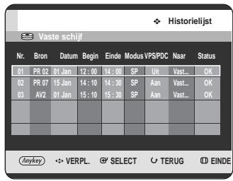Historielijst Vaste schijf Nr. Bron Datum Begin Ende Modus VPS/PDC Naar Status 01 PR 02 01 Jan 12:00 14:00 SP UT Vast... OK 02 PR 07 15 Jan 14:10 14:30 SP Aan Vast... OK 03 AV2 01 Jan 15:10 15:30 SP Aan Vast... OK Anykey VERPL. SELECT TERUG EINDE