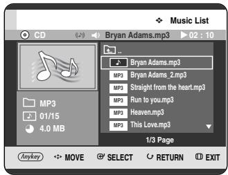 Music List CD Bryan Adams.mp3 02 : 10 MP3 01/15 4.0 MB Bryan Adams.mp3 MP3 Bryan Adams_2mp3 MP3 Straight from the heart.mp3 MP3 Run to you.mp3 MP3 Heaven.mp3 MP3 This Love.mp3 1/3 Page Anykey MOVE SELECT RETURN EXIT
