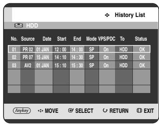 History List HDD No. Source Date Start End Mode VPS/PDC To Status 01 PR 02 01 JAN 12:00 14:00 SP On HDD OK 02 PR 07 15 JAN 14:10 14:30 SP On HDD OK 03 AV2 01 JAN 15:10 15:30 SP On HDD OK Anykey ↔ MOVE ⬆ SELECT ○ RETURN ☑ EXIT