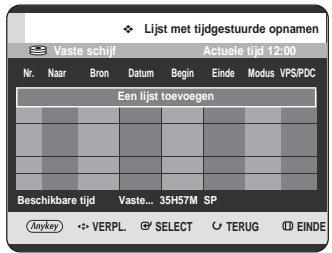 Lijst met tijdgestuurde opnamen Vaste schijf Actuele tijd 12:00 Nr. Naar Bron Datum Begin Einde Modus VPS/PDC Een lijst toevoegen Beschikbare tijd Vaste... 35H57M SP Anykey VERPL SELECT TERUG EINDE