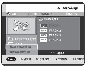 Afspeellijst CD TRACK 1 02 : 10 Afspeellijst 1 TRACK 1 CDDA TRACK 2 CDDA TRACK 3 CDDA TRACK 4 AFSPEELLIUST Naar muzieklijst Nieuwe playlist 1/1 Pagina Anykey VERPL. SELECT TERUG EINDE