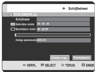 DVD-RW(VR:A) Schijfnaam Gebruikte ruimte 00 : 00 : 00 Beschikbare ruimte 00 : 00 SP Huldige opnamemodu DVD-VR Alslaaten onge... Formatteren VERPL. SELECT TERUG EINDE