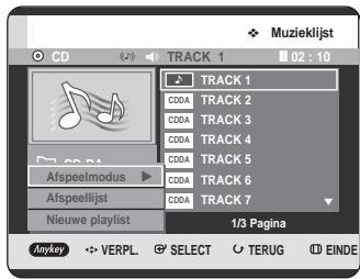 Muzieklijst CD Track 1 02 : 10 Track 1 C00A TRACK 2 C00A TRACK 3 C00A TRACK 4 C00A TRACK 5 C00A TRACK 6 C00A TRACK 7 Nieuwe playlist 1/3 Pagina Anykey VERPL. SELECT TERUG EINDE