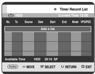 Timer Record List HDD Current Time 12:00 No. To Source Date Start End Mode VPS/PDC Add a list Available Time HDD 29:10 SP Anykey MOVE SELECT RETURN EXIT
