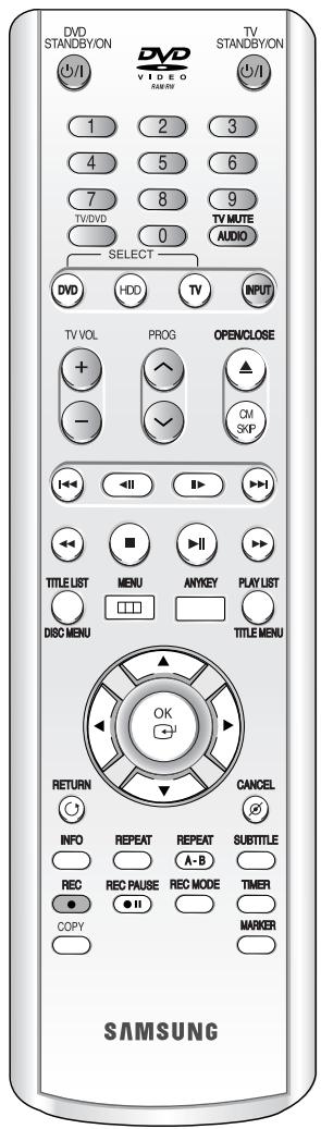 DVD STANDBY/ON DVD VIDEO SAMSUNG 1 2 3 4 5 6 7 8 9 TV/DVD 0 TV MUTE AUDIO SELECT DVD HDD TV INPUT TV VOL PROG OPEN/CLOSE + - CM SKIP TITLE LIST MENU ANYKEY PLAY LIST DISC MENU TITLE MENU OK RETURN CANCEL INFO REPEAT REPEAT SUBTITLE REC REC PAUSE REC MODE TIMER COPY MARKER SAMSUNG