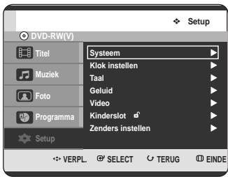 DVD-RW(V) Setup Titel Muziek Foto Programma Setup Systeem Klok instellen Taal Geluid Video Kinderslot Zenders instellen VERPL SELECT TERUG EINDE