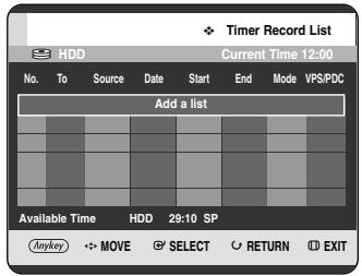 Timer Record List HDD Current Time 12:00 No. To Source Date Start End Mode VPS/PDC Add a list Available Time HDD 29:10 SP Anykey MOVE SELECT RETURN EXIT