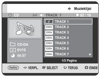 Muzieklijst CD CD-DA 01/15 04:57 TRACK 1 C00A TRACK 2 C00A TRACK 3 C00A TRACK 4 C00A TRACK 5 C00A TRACK 6 C00A TRACK 7 1/3 Pagina Anykey VERPL SELECT TERUG EINDE