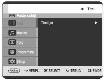 Vaste schijf Titel Titel Muziek Foto Programma Setup Titellijst Anykey VERPL SELECT TERUG EINDE