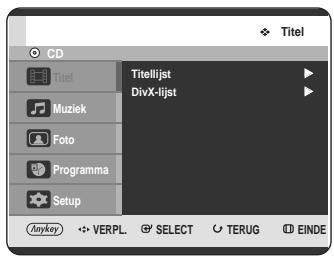 CD Titel Muziek Foto Programma Setup Anykey Titelijst DivX-lijst VERPL. SELECT TERUG EINDE