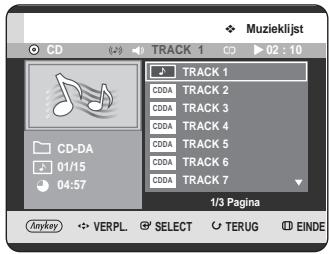 Muzieklijst CD CD-DA 01/15 04:57 TRACK 1 CD0A TRACK 2 CD0A TRACK 3 CD0A TRACK 4 CD0A TRACK 5 CD0A TRACK 6 CD0A TRACK 7 1/3 Pagina AnyKey VERPL SELECT TERUG EINDE