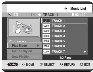 Music List CD 20 TRACK 1 02 : 10 Track 1 C00A TRACK 2 C00A TRACK 3 C00A TRACK 4 C00A TRACK 5 C00A TRACK 6 C00A TRACK 7 Play Mode Go To Playlist New Playlist 1/3 Page Anykey MOVE SELECT RETURN EXIT