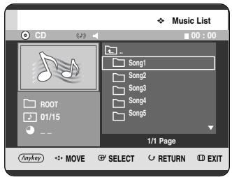 Music List CD 00:00 ROOT 01/15 Song1 Song2 Song3 Song4 Song5 1/1 Page Anykey MOVE SELECT RETURN EXIT