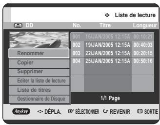 SAMSUNG DVD-HR725 - A l'aide des boutons △ ▽, sélectionnez le titre que vous souhaitez renommer parmi la liste de lecture, puis appuyez sur le bouton ANYKEY. le menu ANYKEY s'affiche : renommer, copier, supprimer, editor la liste de lecture, liste de titres, gestionnaire de disque - 1