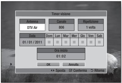 Timer visione Antenna DTV Air Canale 806 Ripetizione 1 volta Data Dom Lun Mar Mer Glo Ven Sab 01 / 01 / 2011 Ora Inizio 01:02 OK Annuita ↔ Sposta □ Conferma ○ Ritorna