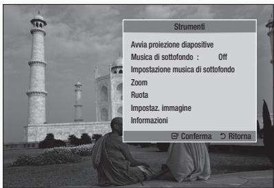 Strumenti Avvia proiezione diapositive Musica di sottofondo : Off Impostazione musica di sottofondo Zoom Ruota Impostaz. immagine Informazioni Conferma Ritorna