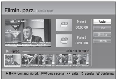 Elimin. parz. Nessun titolo Parte 1 00:00:00 Avvio Fine Elimina Ritoma Parte 2 00:00:00 Riprod. 00:00:33 / 00:08:21 II >> Comandi riprod. >> Cerca scena >> Salta >> Sposta >> Conferma