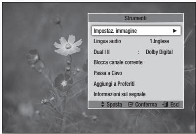 Strumenti Impostaz. immagine Lingua audio 1.Inglese Dual I II : Dolby Digital Blocca canale corrente Passa a Cavo Aggiungi a Preferiti Informazioni sul segnale Sposta Conferma Esci