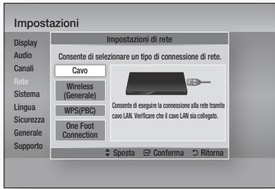 Impostazioni Display Audio Canali Rete Sistema Lingua Sicurezza Generale Supporto Impostazioni di rete Consente di selezionare un tipo di connessione di rete. Cavo Wireless (Generale) WPS(PBC) One Foot Connection Consente di eseguire la connessione alla rete tramite cavo LAN. Verificare che il cavo LAN sia collegato. Sposta Conferma Ritorna