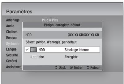 Paramètres Plug & Play Affichage Audio Périph. enregistr. défaut Chaines HDD XXX.XX GB/XXX.XX GB Réseau Système Sélect. périph. d'enregist. par défaut. Langue ✓ HDD Stockage interne Sécurité abc Enregistr. Général Assistance Dépl. Entrer Retour