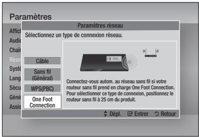 Paramètres Paramètres réseau Sélectionnez un type de connexion réseau. Câble Sans fil (Général) WPS(PBC) One Foot Connection Connectez-vous autom. au réseau sans fil si votre routeur sans fil prend en charge One Foot Connection. Pour sélectionner ce type de connexion, positionnez le routeur sans fil à 25 cm du produit. Dépl. Entrer Retour