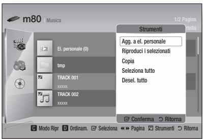 m80 Musica 1/2 Pagina Strumenti Agg. a el. personale Riproduci i selezionati Copia Seleziona tutto Desel. tutto Conferma Ritori El. personale (0) tmp TRACK 001 xxxxxx TRACK 002 xxxxxx
