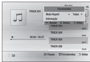 Ferramentas 1/6 Modo Repetir Todas Informação Aguilar Selecc. Voltar TRACK 001 04.07 TRACK 004 03.41 TRACK 005 03.17 TRACK 006 03.35 CD Pausar Ferramentas Voltar