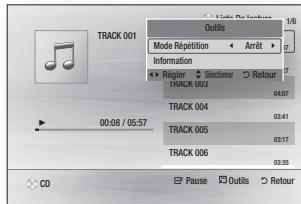 Track 001 Mode Repetition Information Regular Sectorser TRACK 003 04:07 00:08 / 05:57 TRACK 004 03:41 TRACK 005 03:17 TRACK 006 03:35 CD Pause Outils Retour