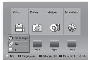 Viduos Photos Musique Paramètres Pas de Disque 123 a App 2 App 3 App 4 123 A Changer périph. Retirer péri. USB Aflicher périph. Enter