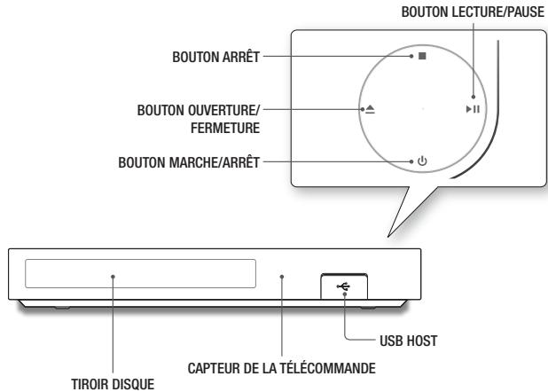 BOUTON LECTURE/PAUSE BOUTON ARRÊT BOUTON OUVERTURE/ FERMETURE BOUTON MARCHE/ARRÊT TIROIR DISQUE CAPTEUR DE LA TÉLÉCOMMANDE USB HOST