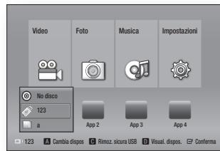 Video Foto Musica Impostazioni No disco 123 a App 2 App 3 App 4 123 Cambia dispos Rimoz sicura USB Visual dispos. Conferma