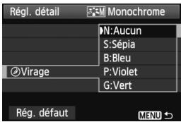 Régl. détail Monochrome N:Aucun S:Sépia B:Bleu Virage P:Violet G:Vert Rég. défaut MENU