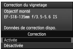 Correction du vignetage Objectif monté EF-S18-135mm f/3.5-5.6 IS Données de correction dispo. Correction Activée Désactivée